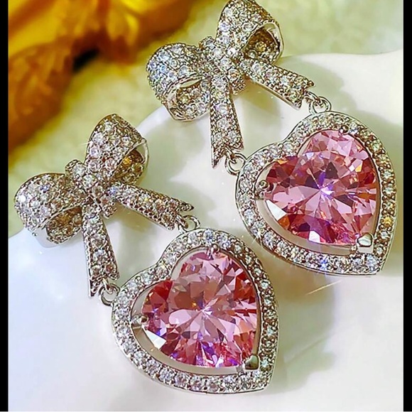 Cubic Zirconia Bow And Heart Earrings - Picture 4 of 7